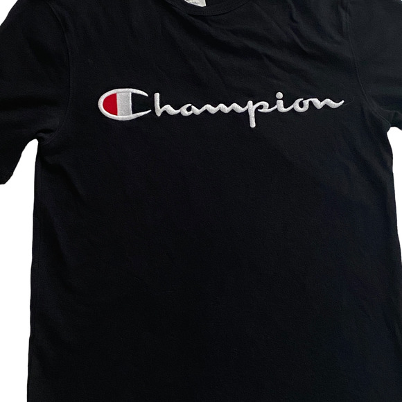 Champion Men's Size Small Black Short Sleeve Crew Neck Cotton Logo Casual Shirt - Picture 5 of 6